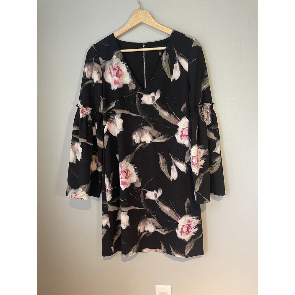 WHITE HOUSE BLACK‎ MARKET Black Floral Dress Women's Size 2 Zip Back V-neck